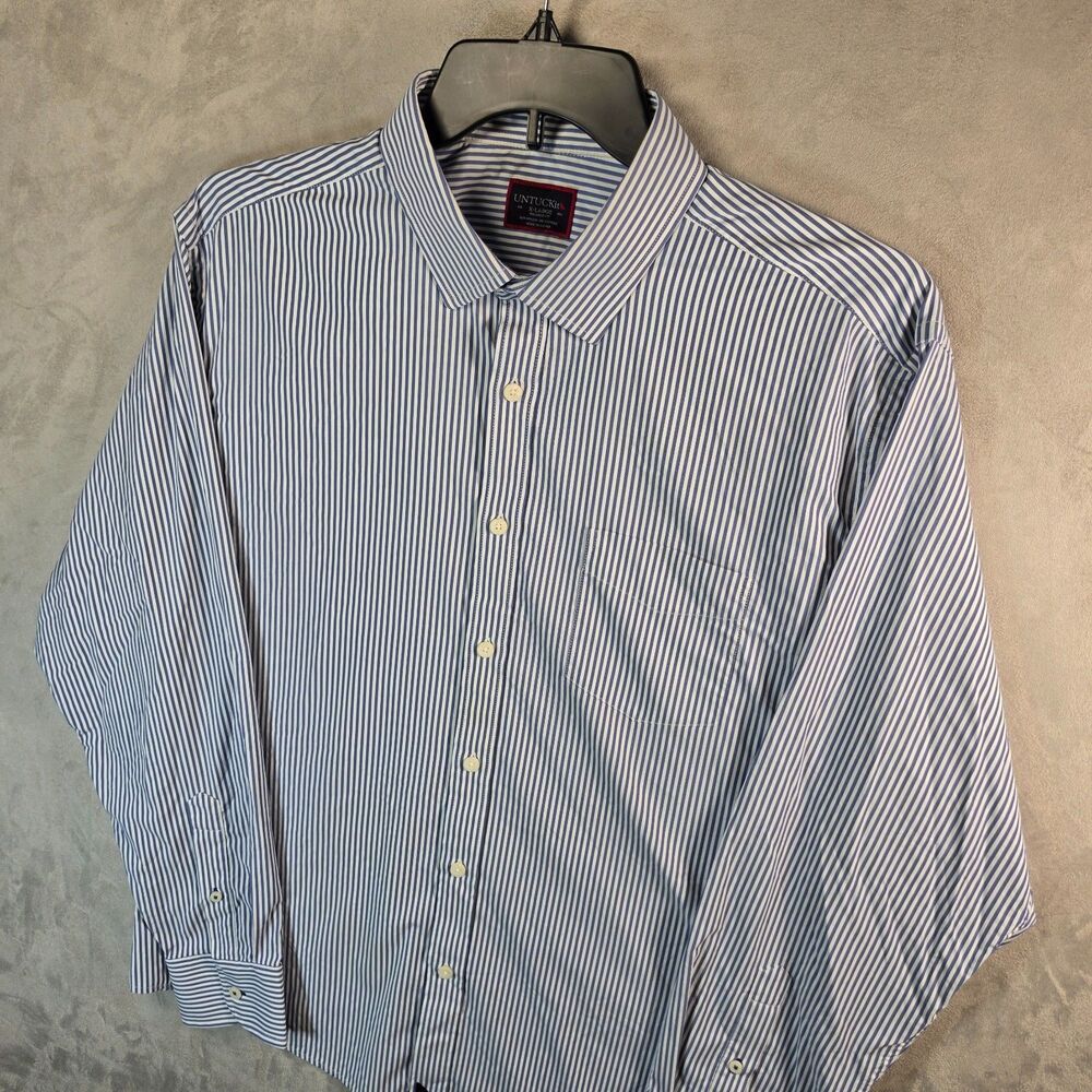 UNTUCKit Shirt Mens Long Sleeve Blue White Striped Button Up Dress Casual Pocket